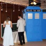 Doctor Who rustic tardis wedding photo booth rental Dr Who Tardis police box wedding photo booth.