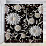 Damask floral white flowers on black background backdrop
