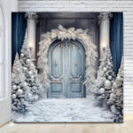 Pale blue snowy doors holiday Christmas photo booth backdrop