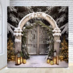 Snowy winter gates with lamps Christmas holiday photo booth backdrop