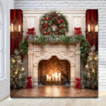 Red fireplace hearth with green garland Christmas holiday photo booth backdrop