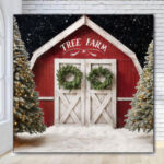 Red tree farm barn Christmas holiday photo booth backdrop